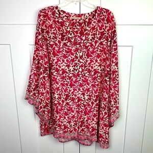 Soft Surroundings XL Pink White Paisley Avignon Kimono Tunic Blouse Tassels